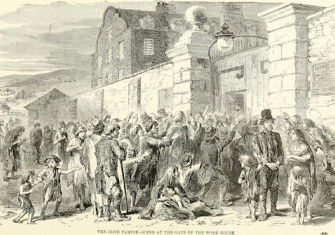 }The Irish Famine – Scene at the Gate of the Work House’, from Ridpath’s History of the World, 1907. University of California Libraries. Public Domain.