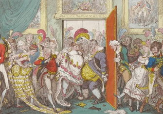’Inconveniences of a Crowded Drawing Room, May 6, 1818‘, a royal reception at Buckingham Palace by George Cruikshank. Minneapolis Institute of Art. Public Domain.