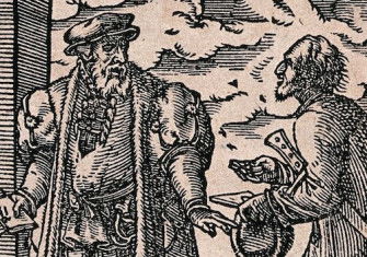 A lawyer receiving a plea from a poor man, woodcut by Jost Amman, 1568. Wellcome Collection. Public Domain.