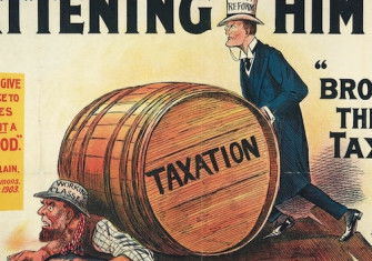 ‘Flattening Him Out or Broadening the Basis of Taxation’, anti-tariff poster. LSE Library. Public Domain