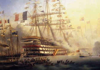 Napoleon III receiving Queen Victoria on board La Bretagne, 6 August 1858, at the port of Cherbourg, by Antoine Léon Morel-Fatio, 1859. Heritage Images/TopFoto.