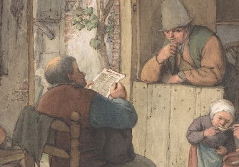 Reading the News at the Weavers' Cottage, Adriaen van Ostade, 1673. Metropolitan Museum of Art. Public Domain.