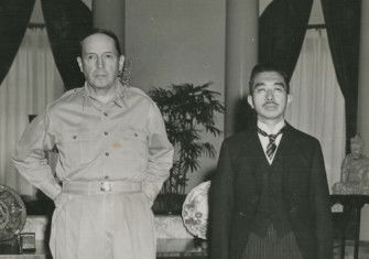 General Douglas MacArthur and Emperor Hirohito at the US embassy in Tokyo, 27 September 1945. NARA. Public Domain.