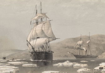 HMS Assistance and Pioneer searching for the lost Franklin expedition, Walter W. May, 1855. New York Public Library. Public Domain.