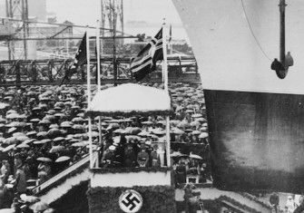 The launching ceremony for the Lützow at Deschimag Yard, Bremen, 1 July 1939. US Naval History and Heritage Command. Public Domain.
