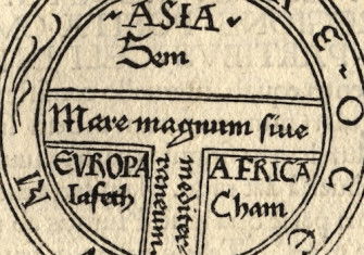 World map identifying Asia with Shem, Europe with Japheth, and Africa with Ham. From Isidore of Seville’s Etymologiae, printed in Augsburg, 1472. Harry Ransom Center, The University of Austin, Texas. Public Domain.