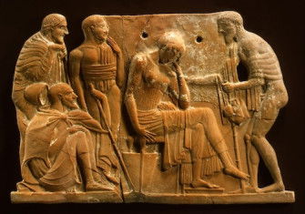 Odysseus returning to Penelope, from Homer’s Odyssey, terracotta plaque, c.460-50 BC. Metropolitan Museum of Art. Public Domain.