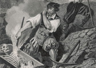 ‘The end of a Bohemian vampire as his coffin is opened and a red hot iron is plunged into his evil heart’. Illustration by René de Moraine from Paul Féval’s Les Tribunaux Secrets, 1872. Chronicle/Alamy Stock Photo.
