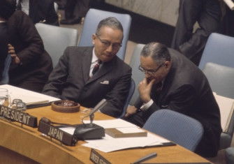 U Thant, with under-secretary-general for special political affairs Ralph Bunch, at the United Nations, Bernard Gotfryd, 1966. Library of Congress. Public Domain.