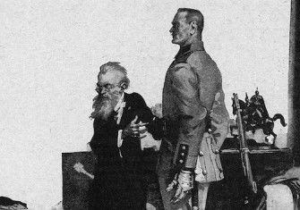 ‘You ask me, your majesty, if he is efficient. I reply, more efficient than before he fell in battle’. Illustration from Blood and Iron, Strand Magazine (October 1917). University of Michigan. Public Domain.