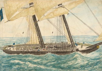 The Portuguese slaver Diligenté captured by H.M. Sloop Pearl, Lieutenant Henry Samuel Hawker, May 1838. Collection of the Smithsonian National Museum of African American History and Culture. Public Domain.