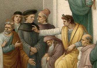 Saint Peter and Simon Magus before the emperor Nero, after Filippino Lipi. Wellcome Collection. Public Domain.