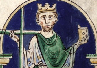 St Oswald stamping on Cædwalla, from the Abbreviatio chronicorum Angliae, by Matthew Paris, English, 1250-59. British Library/Bridgeman Images.