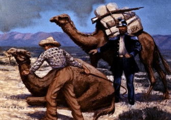The Camel Express, illustration by Carl Rakeman for the Bureau of Public Roads, 1857. Federal Highway Administration. Public Domain.