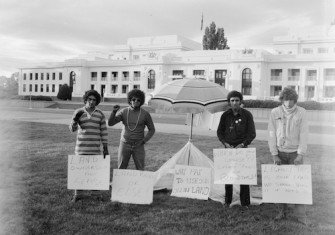 First day of the Aboriginal Tent Embassy, outside Parliament House, Canberra, 27 January 1972. State Library of New South Wales. Public Domain.