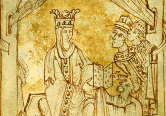 Emma receives the Encomium from its author, flanked by Harthacnut and Edward, 11th century (c) British Library Board/Bridgeman Images