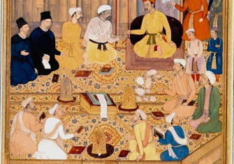 Akbar holds a religious assembly of different faiths in the Ibadat Khana in Fatehpur Sikri.