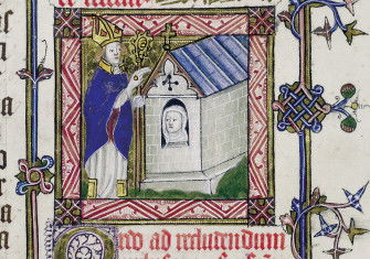 The formal enclosure of an anchoress in her cell by a bishop, from a pontifical produced for Bishop Mona of St David’s, 15th century.