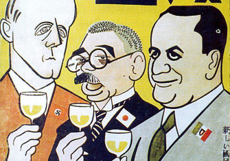 The cover of Manga, October 1940. Axis foreign ministers Ribbentrop, Matsuoka and Ciano toast their pact against the Allies.