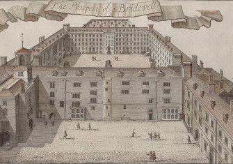 "The Prospect of Bridewell" from John Strype's, An Accurate Edition of Stow's "A Survey of London" (1720). From 1557, Bethlem was administered by the Bridewell Governors.