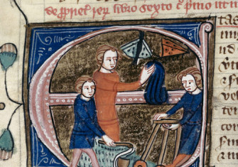 Miniature for the entry etas "age" in the Omne Bonum encyclopedia (London, 14th century, BL Royal MS 6 E vii, fol. 67v) showing children playing with toys and catching butterflies.