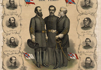 Three versions of the flag of the Confederate States of America and the Confederate Battle Flag are shown on this printed poster from 1896. Standing at the center are Stonewall Jackson, P. G. T. Beauregard, and Robert E. Lee, 