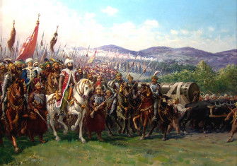  Modern painting of Mehmed II and the Ottoman Army approaching Constantinople with a giant bombard, by Fausto Zonaro