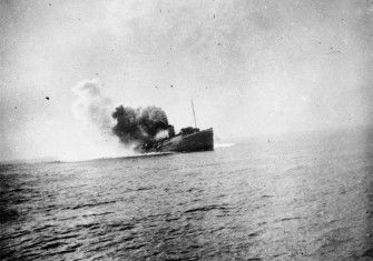 Isle of Man Steam Packet Company vessel Mona's Queen shortly after striking a mine on the approach to Dunkirk. 29 May 1940.