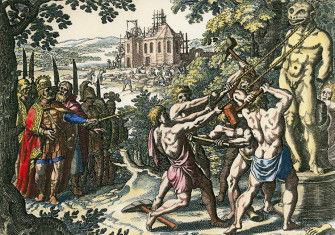 Charlemagne has a statue of the Saxon god Krodo torn down, while a church is built in its place. Engraving by Matthäus Merian the Elder, 1630.