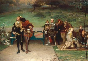 An 1872 painting by English artist Marcus Stone shows Edward II cavorting with Gaveston while nobles and courtiers look on with concern.