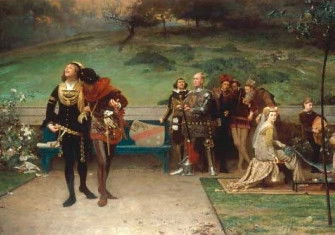 An 1872 painting by English artist Marcus Stone shows Edward II cavorting with Gaveston while nobles and courtiers look on with concern.