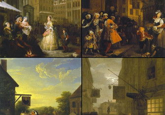 The paintings of Four Times of the Day (clockwise from top left: Morning, Noon, Night, and Evening)