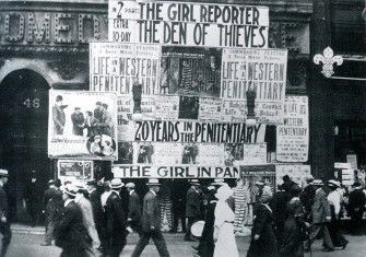 A New York cinema c. 1913 - its hoardings stressing the range of melodramatic but heavily social realist films on offer for the audience.