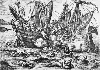 16th-century propaganda print depicting Huguenot aggression against Catholics at sea