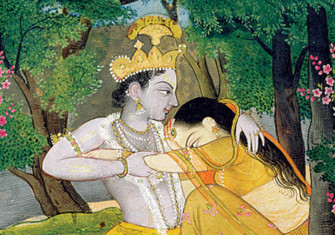 Radha and Krishna Embrace in a Grove of Flowering Trees.