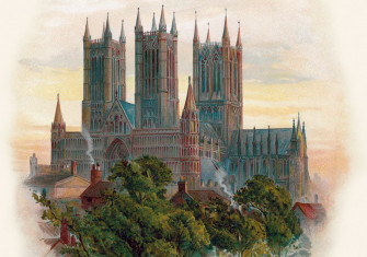 City on the hill: the south-west face of Lincoln Cathedral. Illustration by Arthur Wilde Parsons, 1888. 