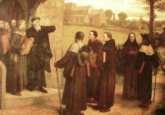 In this 19th-century illustration, John Wycliffe is shown giving the Bible translation that bore his name to his Lollard followers.