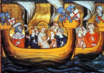 Louis IX on a ship departing from Aigues-Mortes, for the Seventh Crusade.