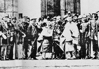 A teenage Emperor Meiji with foreign representatives at the end of the Boshin War, 1868-1870.