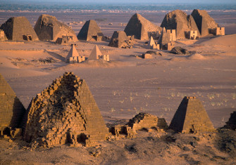 Funeral pyramids and temples from the Kingdom of Kush dating from 800 BC to AD 350 at Meroe, Sudan.