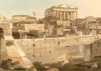 'View of the Parthenon from the Propylea', Edward Dodwell, Views in Greece, London 1821, depicting buildings of the time within the Acropolis