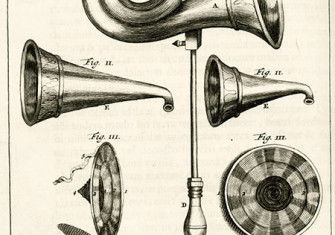 An engraving of hearing aids from Exercitationes Practicæ circa Medendi Methodum by Frederik Dekkers, 1694