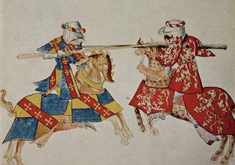 Jousting knights, an illustration from an English manuscript, 15th century