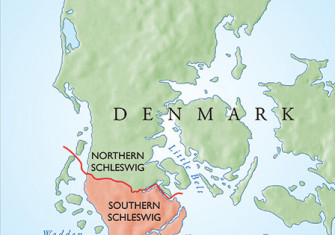 The Jutland peninsula in 1864. The area in red was Danish prior to that year.