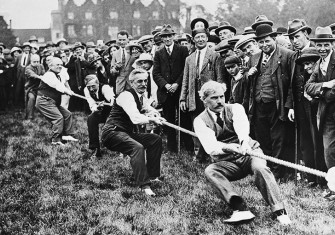 Tug-of-War: Ramsay MacDonald is the first man on the rope at a Labour Party rally, 1923. 