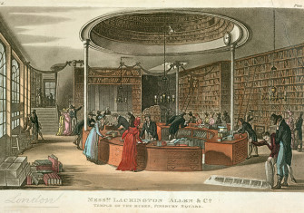 Shopping at the Temple of the Muses in a print by Rudolph Ackermann from 1809.