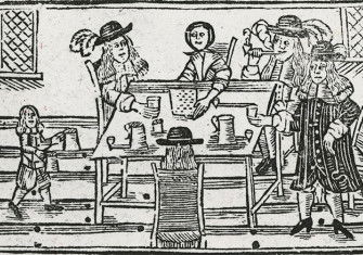 Woodcut of a tavern scene, English, 17th century