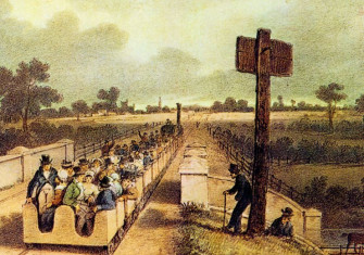  Painting depicting the opening of the Liverpool and Manchester Railway in 1830, the first inter-city railway in the world.