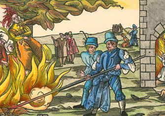 Witches being burnt at the stake, from a German woodcut of 1555.