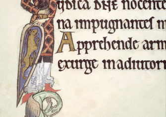 An illuminated knight from the Hunterian Psalter, c.1170.